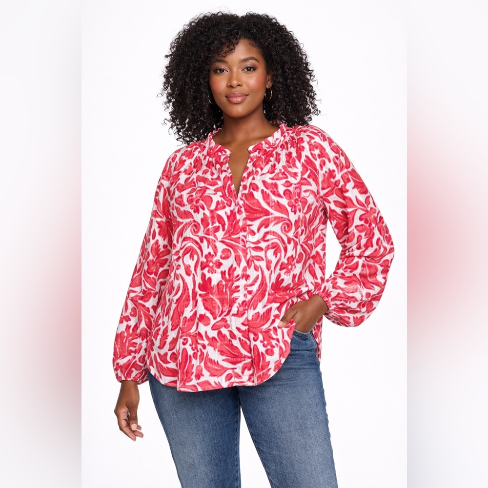 Lane Bryant V Neck Floral Blouse Ruffle Detail Sz 18/20 Deep Rose Ivory Feminine